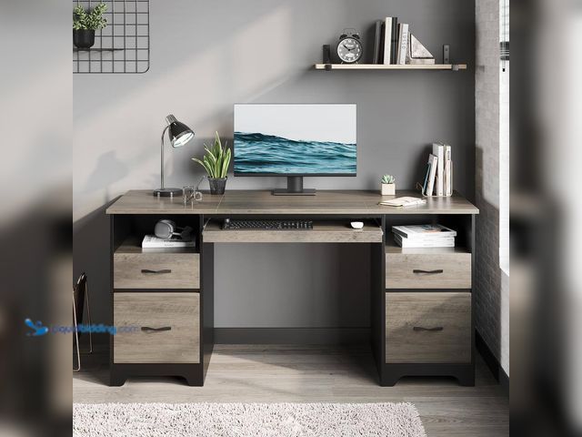 Lot 49-3548110 - Bestier
59 in. Rectangular Grey 4-Drawers Computer Executive Desk with 2-Open Storage and Keyboard ...