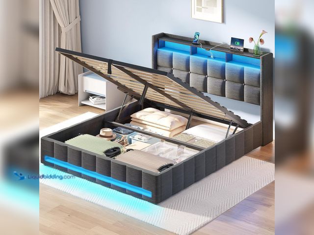 Lot 49-1536997 - Rolanstar Bed Frame Full Size with Lift Up Storage, Charging Station & LED Lights, Upholstered Stora...