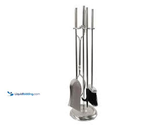 Lot 49-5485623 - ACHLA DESIGNS 30 in. Tall 5-Piece Brushed Steel Neoclassic Fireplace Tool Set with Round Base. Model...