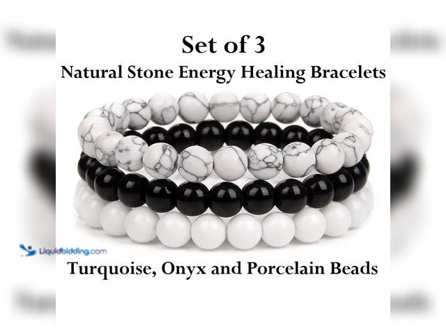 Lot 49-3435029 - Set of 3 Natural Stone Energy Healing Bracelets 6mm Beads - NEW - Featuring Turquoise, Onyx and Porc...