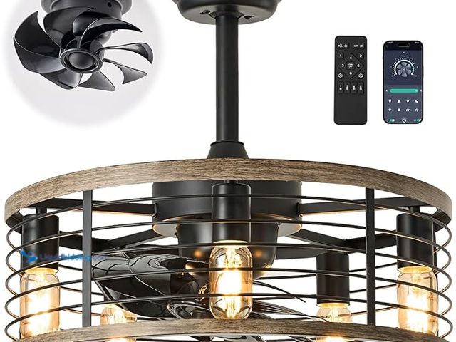 Lot 49-1520947 - Caged Ceiling Fan with Light: Farmhouse Flush Mount Ceiling Fans Lights - Upgraded 360-degree Oscill...