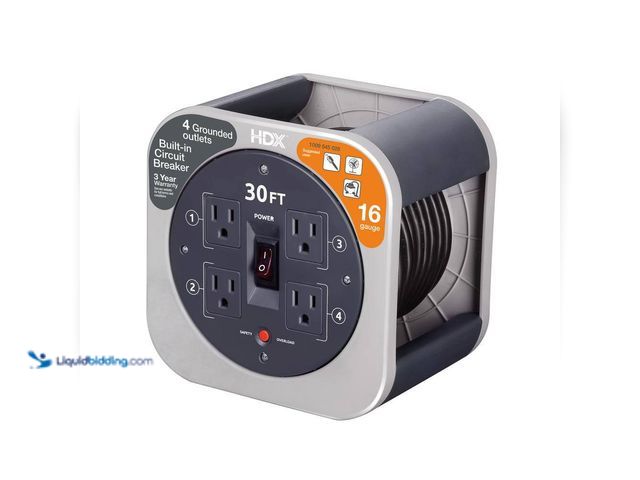 Lot 49-5520643 - HDX
30 ft. 16/3 Extension Cord Reel with 4 Grounded Outlets and Surge Protector in Gray. Model # EM...