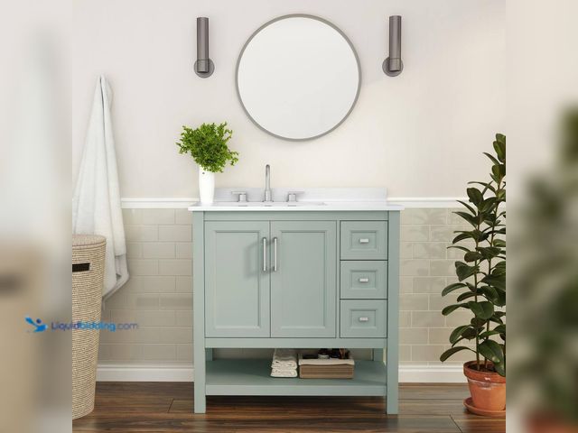 Lot 49-5428002 - Carnegy Avenue Vega 36 in. Sage Green Bathroom Vanity w/ Sink, Storage Cabinet, Open Shelf, White Ca...