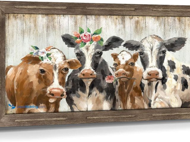 Lot 49-3564412 - Wooden Farmhouse Cow Wall Art: Framed Funny Farm Animal Picture Rustic Cute Country Cattle Painting ...