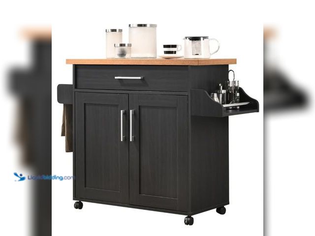 Lot 49-2001045 - Hodedah Rolling Wood Kitchen Island Cart with Spice Rack, Towel Rack, Utensil Drawer Plus Cabinet, B...