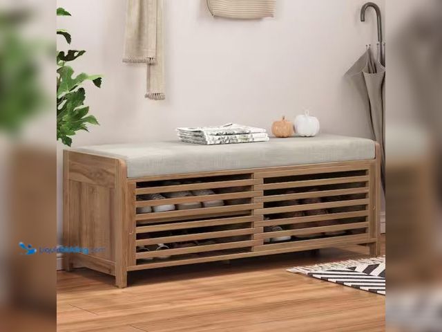 Lot 49-1567906 - Harper & Bright Designs Whitewashed Acacia Veneer Living Room Storage Bench with Seat Cushion, 2 Shu...