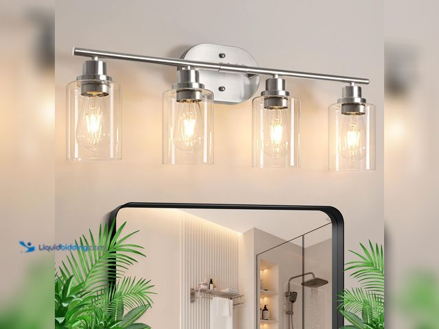 Lot 49-5437751 - Ascher 4-Light Bathroom Light Fixtures, Modern Vanity Lights with Clear Glass Shade, Brushed Nickel ...