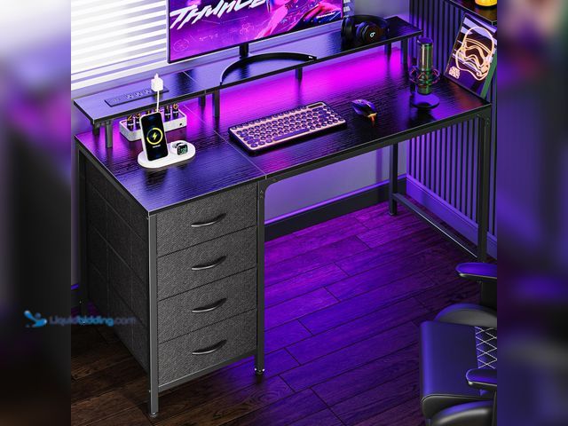 Lot 49-3564641 - Huuger 47 Inch Computer Desk with Power Outlets and LED Lights, Gaming Desk with 4 Drawers, Office D...