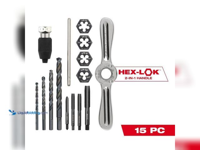 Lot 49-5543914 - Milwaukee SAE Tap and Die Set w/Hex-LOK 2-in-1 Handle (15-Piece), Model # 49-22-5602, new/factory se...