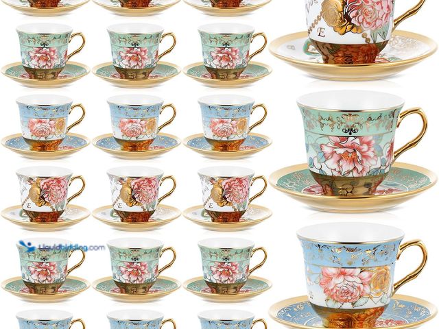 Lot 49-3564159 - Teenyyou Set of 18 Tea Cups and Saucers Tea Party Decorations Floral Porcelain 5.4 oz British Gift f...