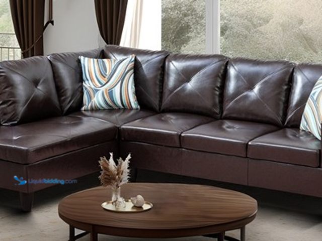 Lot 49-5435270 - Star Home Living Corp Chris Faux Leather Left Facing Sectional Brown Unused BOX 1 OF 2 (missing the ...