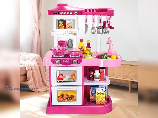 Lot 49-3433521 - (53) PCS Play Kitchen Pretend Food Set for Kids Ages 3-6 4-8, Pink Kitchen Toys with Light, Sound an...