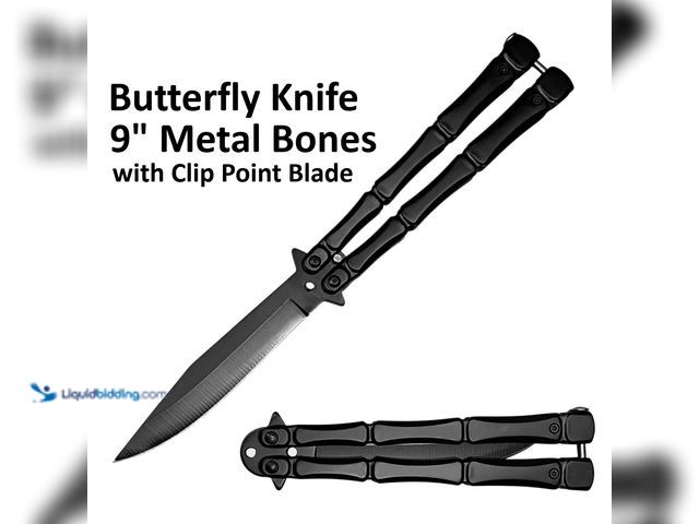 Lot 49-1820706 - Metal Bones Butterfly Knife 9" Black with Clip Point Blade - NEW - This butterfly knife is construct...