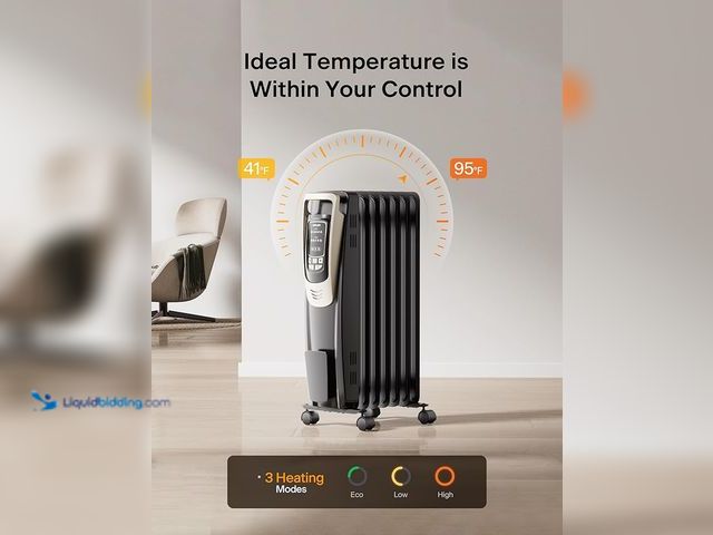 Lot 49-5446942 - PELONIS Champagne Oil Filled Radiator Heater with Remote and Thermostat, 5 Temperature Settings for ...