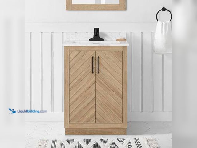 Lot 49-5572564 - Glacier Bay Huckleberry 24 in. Single Sink Freestanding Weathered Tan Bath Vanity with White Enginee...