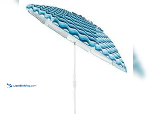 Lot 49-5544619 - Mainstays 7.5' Beach Umbrella with Tilt, Sand Anchor, Blue Wave Print, UV 50+ Sun Protection, 94". M...