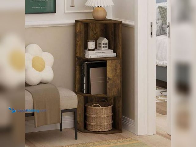 Lot 49-1569288 - Furinno Econ 36.61 in. Tall Amber Pine 3-Shelf Wood Corner Bookcase, Model # 24334AP, Used, Has shel...