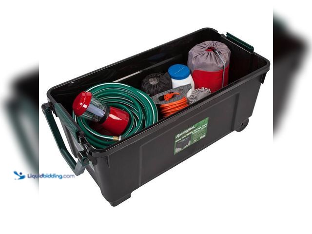 Lot 49-5414236 - Remington 42 gal. Remington Store-It-All Tote Storage Bin, Black, Model # 296003, Unused, Lid cracke...