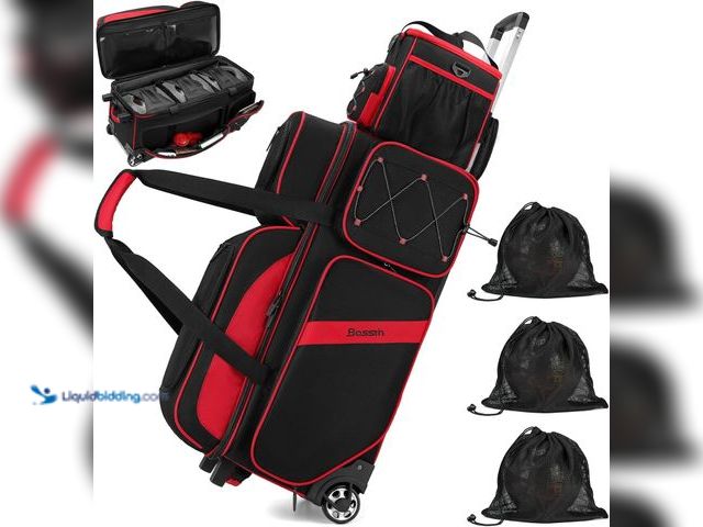 Lot 49-5437672 - BOSSTIN 3 Ball Bowling Bags with Wheels, Secure Hook & Loop Fixed Ball Cup & Shoe Compartment (Fits ...