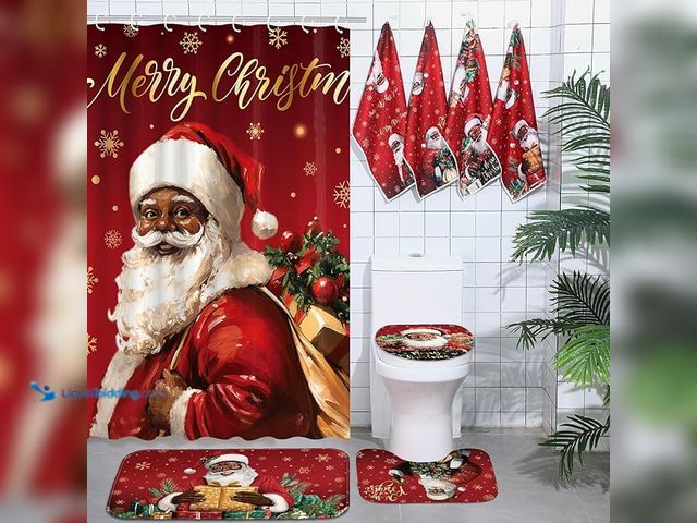 Lot 49-1546968 - Honoson 8 Pcs Christmas Black Santa Claus Shower Curtain Set with Rugs and Kitchen Towels African Am...