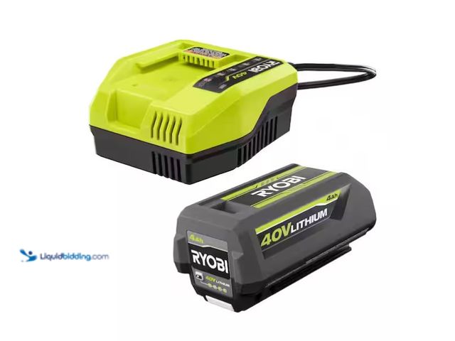 Lot 49-1571147 - RYOBI 40V Lithium-Ion 4.0 Ah Battery and Fast Charger Kit, Model # OP4040408, Unused, Powers on  Ref...