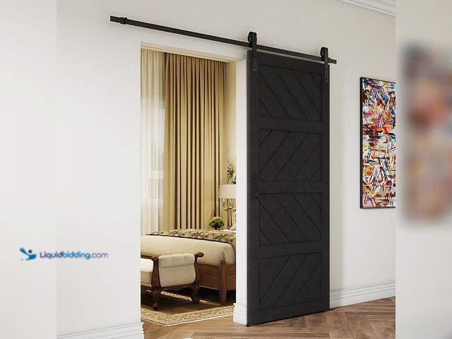 Lot 49-3639379 - 30x84 Inch Sliding Barn Door in Black with Modern Paneled Wave Design, Waterproof PVC Material, ASSE...