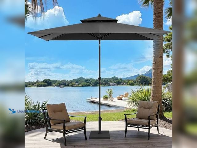 Lot 49-3565603 - Pellebant Double Top 9 ft. x 5 ft. Rectangular Market Crank and Tilt Patio Umbrella in Dark Gray. Mo...