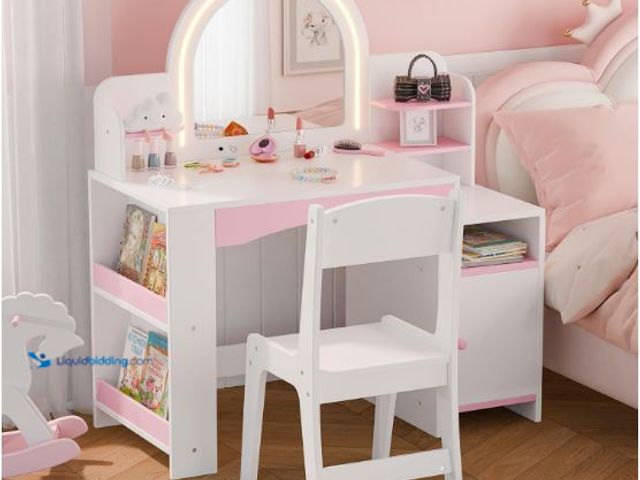 Lot 49-1558921 - MU Kids Vanity with Lights, Princess Makeup Vanity Desk with Open Bookshelf, Storage Cabinet & Shelv...