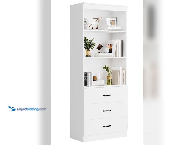 Lot 49-3473701 - 6-Tier Bookshelf with 3 Drawers, White Bookcase with 3-Tier Open Shelves, Tall Book Shelf with Stora...