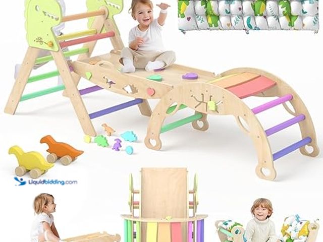 Lot 49-3514964 - Pikler Triangle Set with Cushion - 9 in 1 Toddler Climbing Gym - Montessori Wooden Climbing Toys wit...