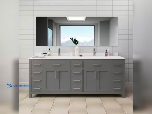 Lot 49-1599710 - Wyndham Collection Beckett 84 in. W x 22 in. D Double Vanity in Dark Gray , Model # WCG242484DKGWCUN...