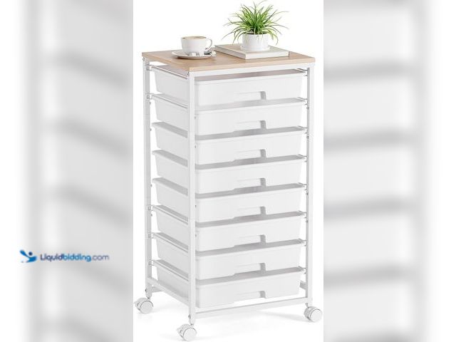 Lot 49-5448588 - Storage Cart with 8 Drawers, Utility Cart with White Drawers and Wooden Tabletop, Craft Cart, Teache...
