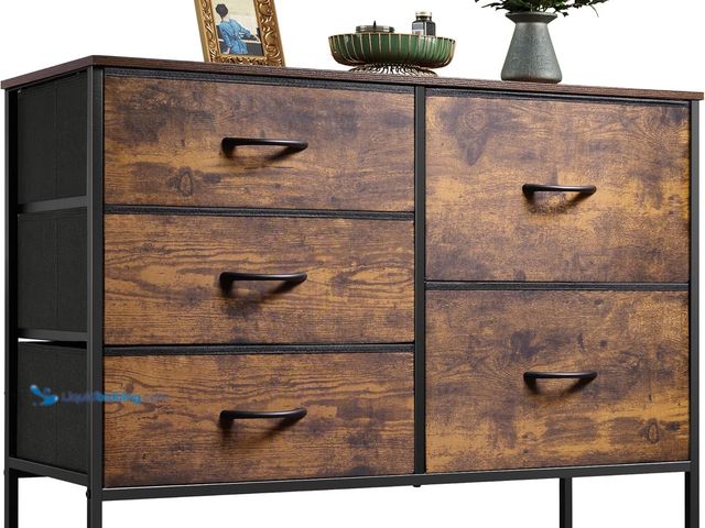 Lot 49-5556993 - WLIVE 5 Drawer Fabric Dresser for Bedroom, Wide Storage Chest, Rustic Brown | 5-drawer wide fabric d...