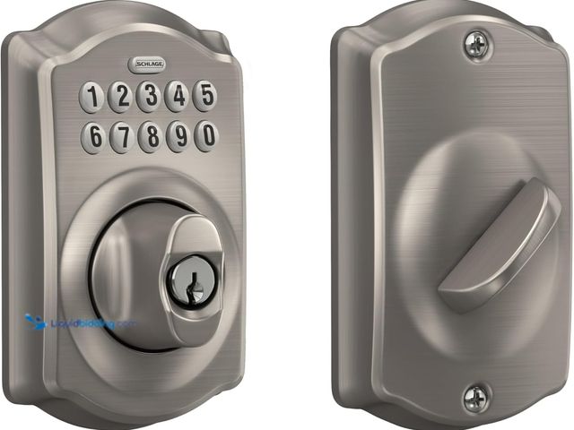 Lot 49-1579002 - Schlage Camelot Keypad Deadbolt, Electronic Keyless Entry Lock, Satin Nickel Model #BE365 V CAM 619,...
