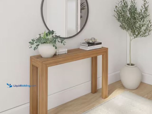 Lot 49-2001111 - PLANK+BEAM Modern 46 in. Pecan Rectangle Wood Console Table, Model # 230241-007, Unused, Has attachm...