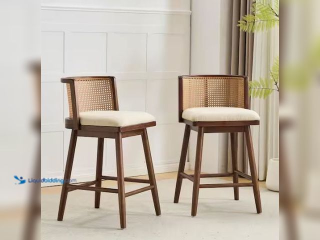 Lot 49-5574251 - CHRISTOPHER KNIGHT HOME
Sid 35.25 in. H Beige + Dark Walnut Rattan Back Solid Wood Counter Height B...