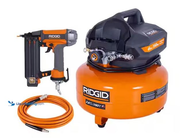 Lot 49-5450903 - RIDGID
6 Gal. 150 PSI Portable Electric Oil-Free Jobsite Pancake Air Compressor with 25 ft. Air Hos...