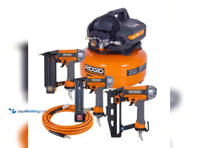 Lot 49-3470899 - RIDGID 6 Gal. 150 PSI Electric Air Compressor with 25 ft. Hose, 18GA Brad Nailer, 16GA Finish Nailer...