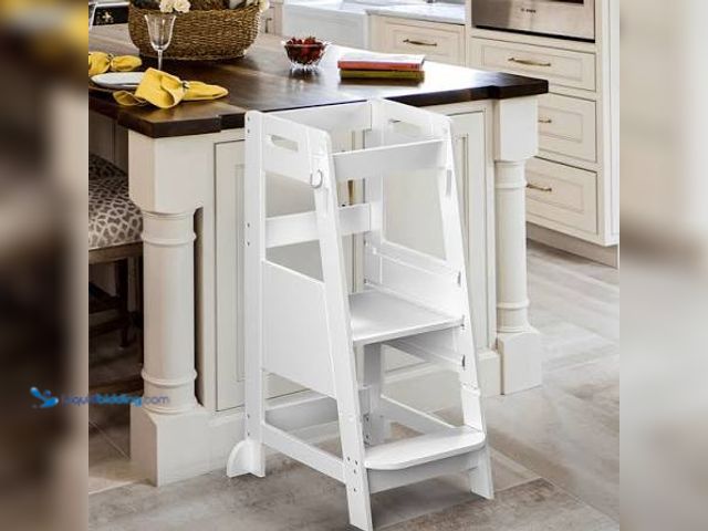 Lot 49-5544001 - TOETOL Bamboo Toddler Kitchen Stool for Kids Step Stool - White Little Helper Tower Adjustable Heigh...