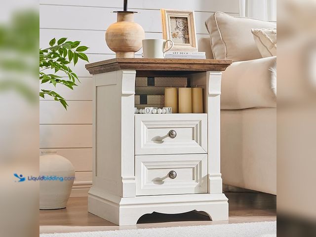 Lot 49-3480460 - T4TREAM Farmhouse Nightstand with Charging Station, 18" End Table with 2 Drawers Storage, Wood Side ...