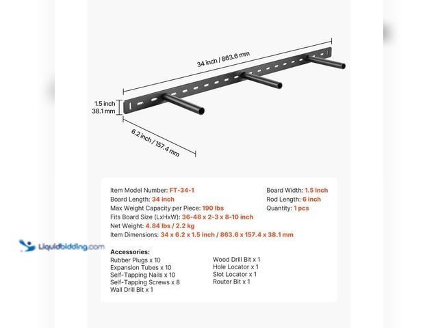 Lot 49-3631274 - VEVOR Floating Shelf Bracket, 190lb. Weight Capacity, 34 x 6.2 x 1.5 inches, Heavy Duty, Black, Mode...
