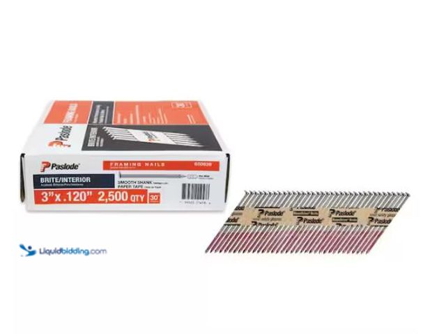 Lot 49-1624740 - Paslode 3 in. x 0.120-Gauge 30-Degree Brite Smooth Shank Paper Tape Framing Nails (2500 per Box) Mod...