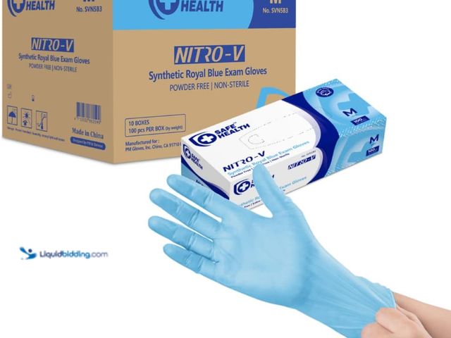 Lot 49-3527364 - Safe Health NITRO-V Nitrile-Vinyl Synthetic Exam Disposable Gloves, Latex Free, Powder Free, Blue, C...