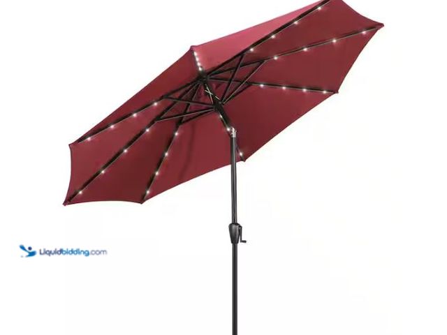 Lot 49-1624368 - Sun-Ray 9 ft. Round Market Solar Lighted Umbrella in Burgundy Model # 841002, New, Factory Sealed  R...
