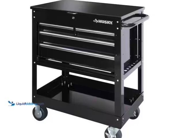 Lot 49-1575754 - Husky 33 in. W 4-Drawer Mechanics Tool Utility Cart in Gloss Black, Model # HOUC3304B10, Slightly us...