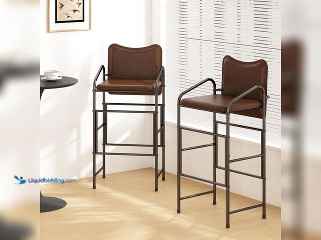 Lot 49-3528351 - GILLAS Set of 2 Bar Stools with Backrest and Armrest, 36.2" PU Leather Counter Height Stools, Indust...