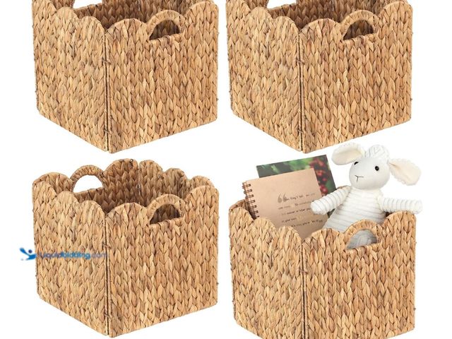Lot 49-3481690 - Set of 4 Foldable Scalloped Water Hyacinth Storage Cubes Basket, Storage Cube Bins -12"x12"x12", Col...