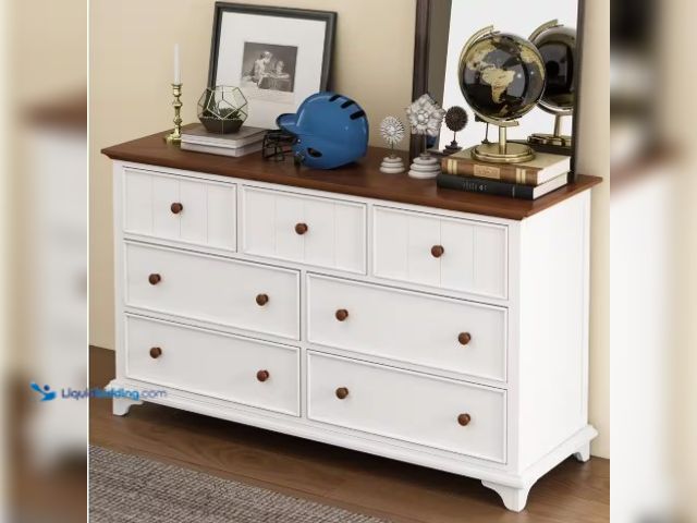 Lot 49-1520163 - Harper & Bright Designs White and Walnut 7-drawer 61 in. Wide Dresser, Model # YJH041AAK, unused.  R...