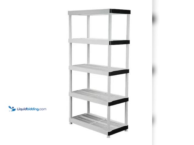Lot 49-1577364 - HDX 5-Tier Easy Assembly Multi-purpose Plastic Garage Storage Shelving Unit in Gray (36 in. W x 72 i...