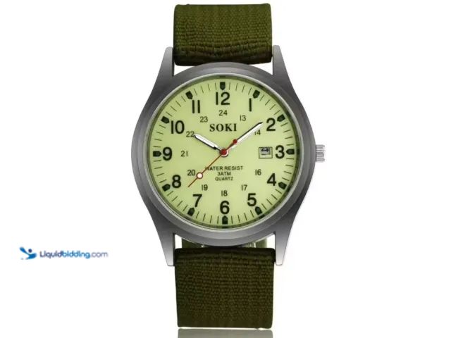 Lot 49-3471293 - SOKI Quartz Wrist Watch with Date Display and Nylon Strap - Glow-In-The-Dark Green - Featuring quart...